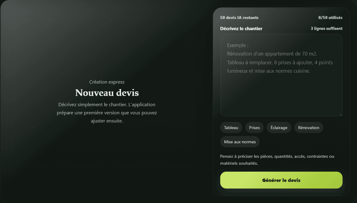 Illustration d'un chantier décrit dans une interface claire